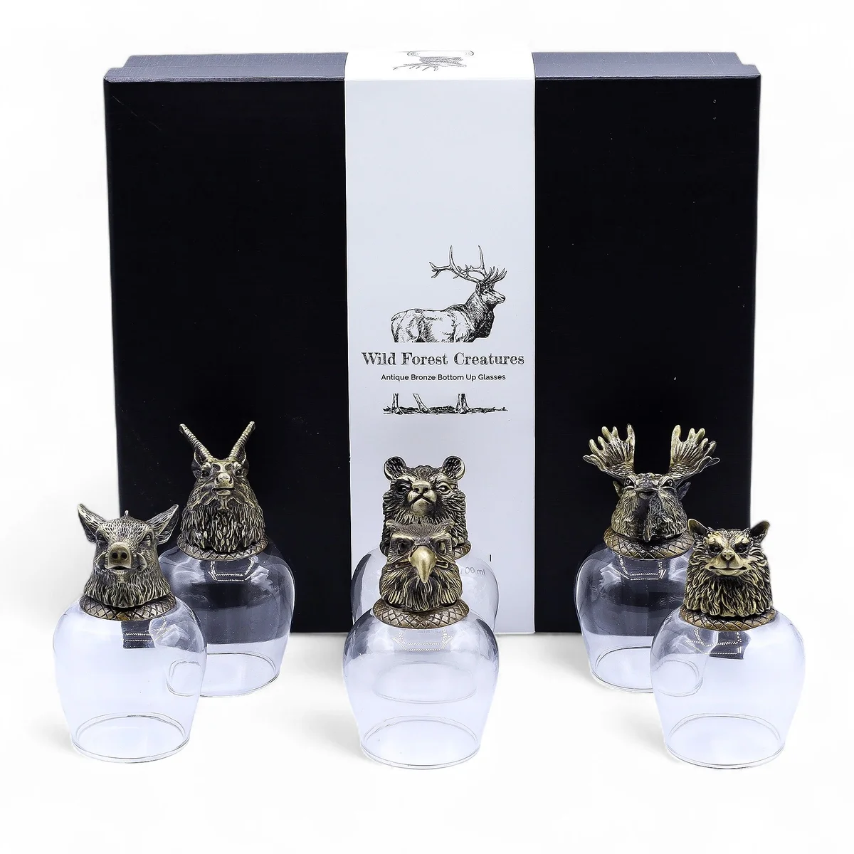 Set of 6 antique bronze 100ml wild forest glasses featuring engraved forest creatures in a gift box