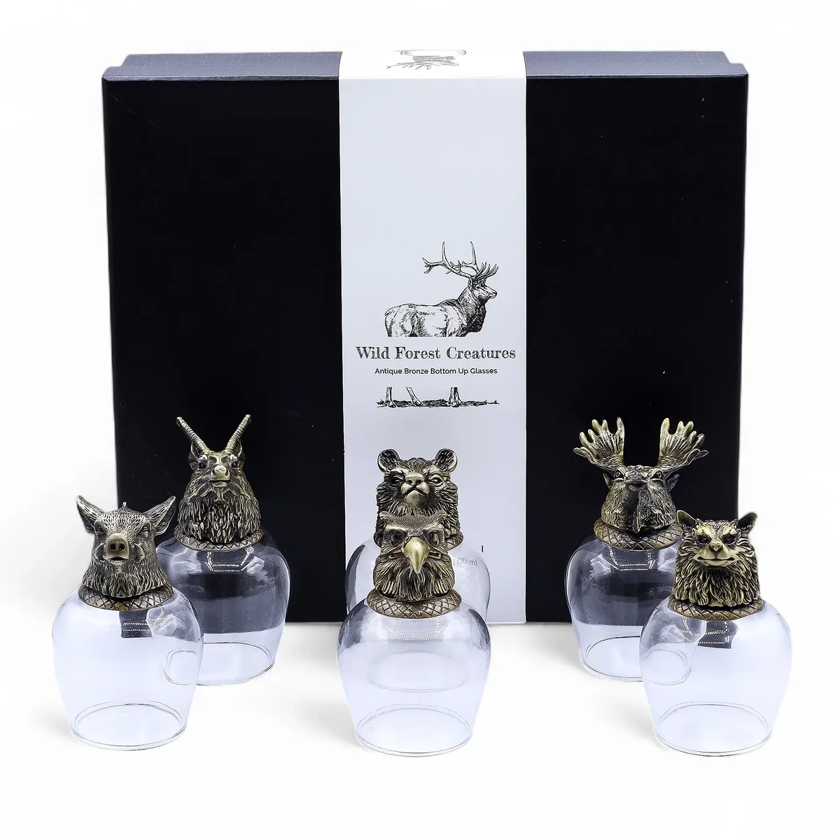 Set of 6 antique bronze wild forest creatures gift set glasses, each 100ml, arranged together on white background