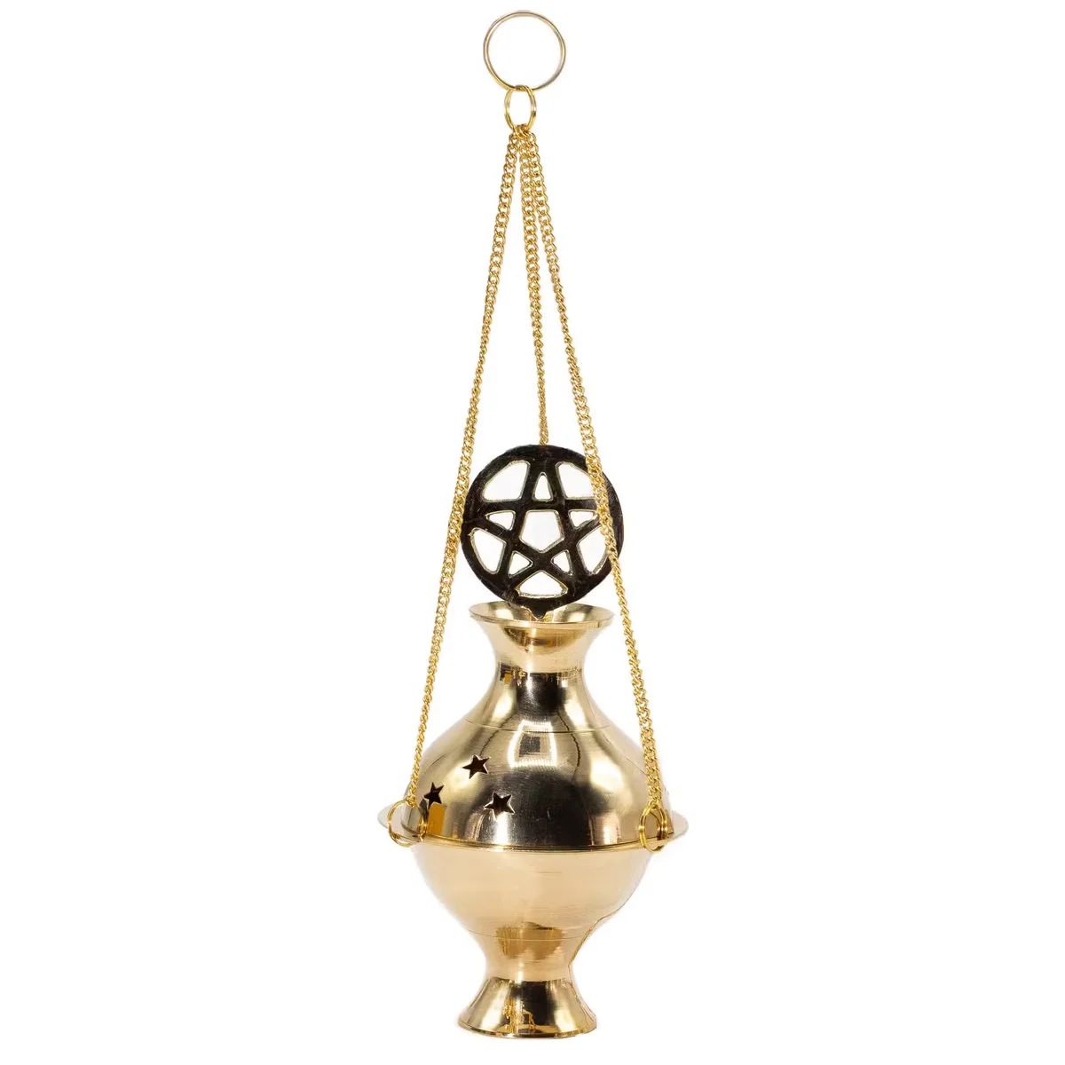 Hanging brass incense holder shaped like a pentagram with detailed metalwork and chain for suspension
