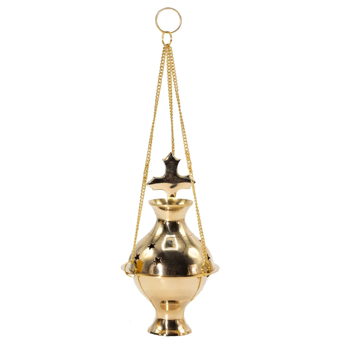 Hanging brass incense burner shaped like a cross with detailed craftsmanship against a white background
