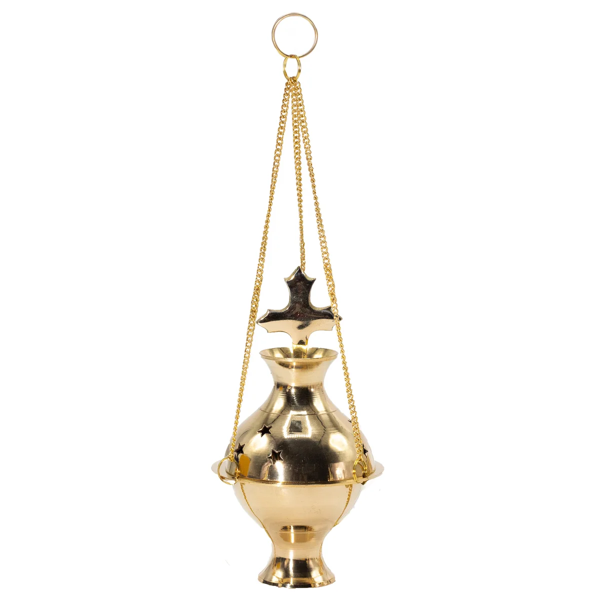 Hanging brass incense holder shaped like a cross with intricate detailing against a plain background