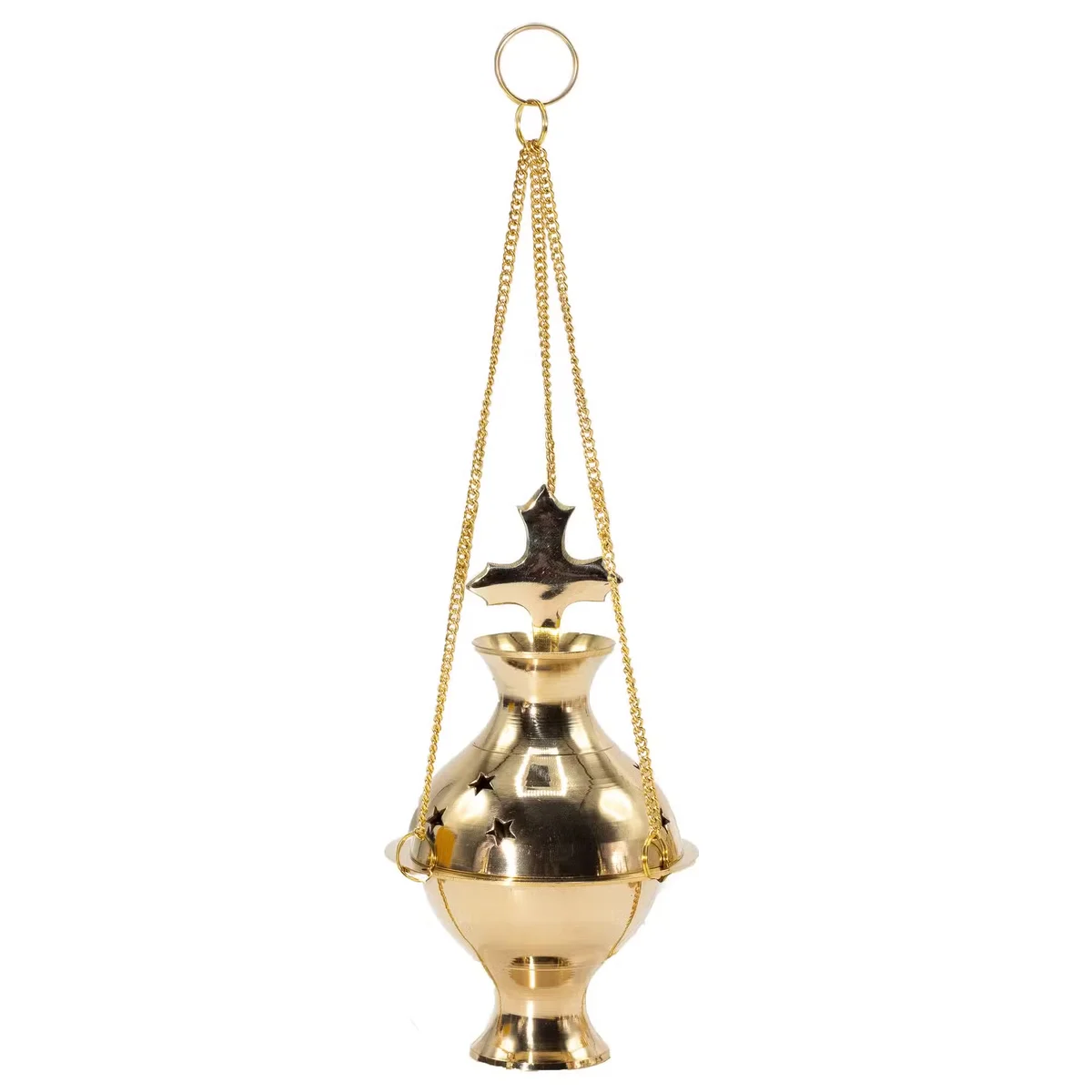 Hanging brass cross incense burner with detailed design suspended against white background