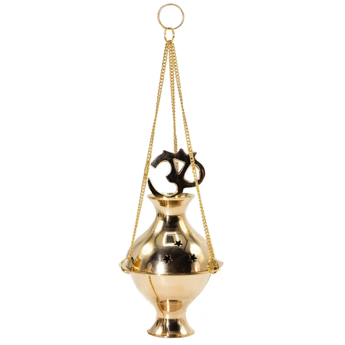 Hanging brass incense burner with Om symbol, designed for burning incense sticks or cones indoors or outdoors