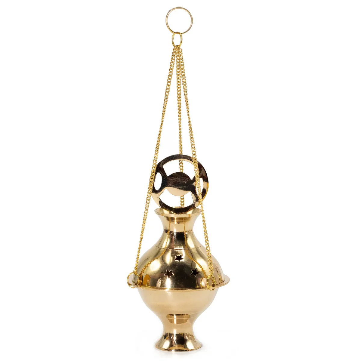 Brass hanging incense burner featuring a three phase moon design suspended by a chain against a white background