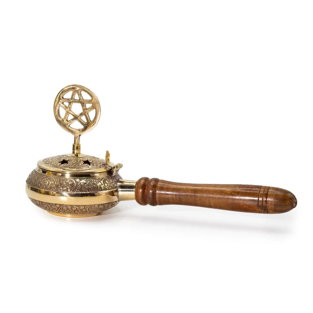 Pentagram incense holder with wooden handle, metal censer bowl featuring pentagram design on a white background