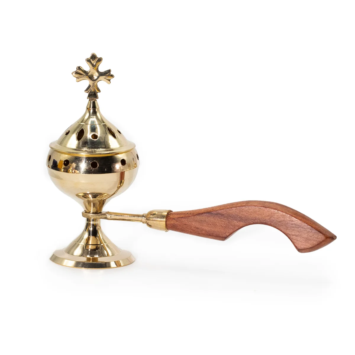 Cross-shaped wooden handle incense burner with metal censer bowl shown against white background