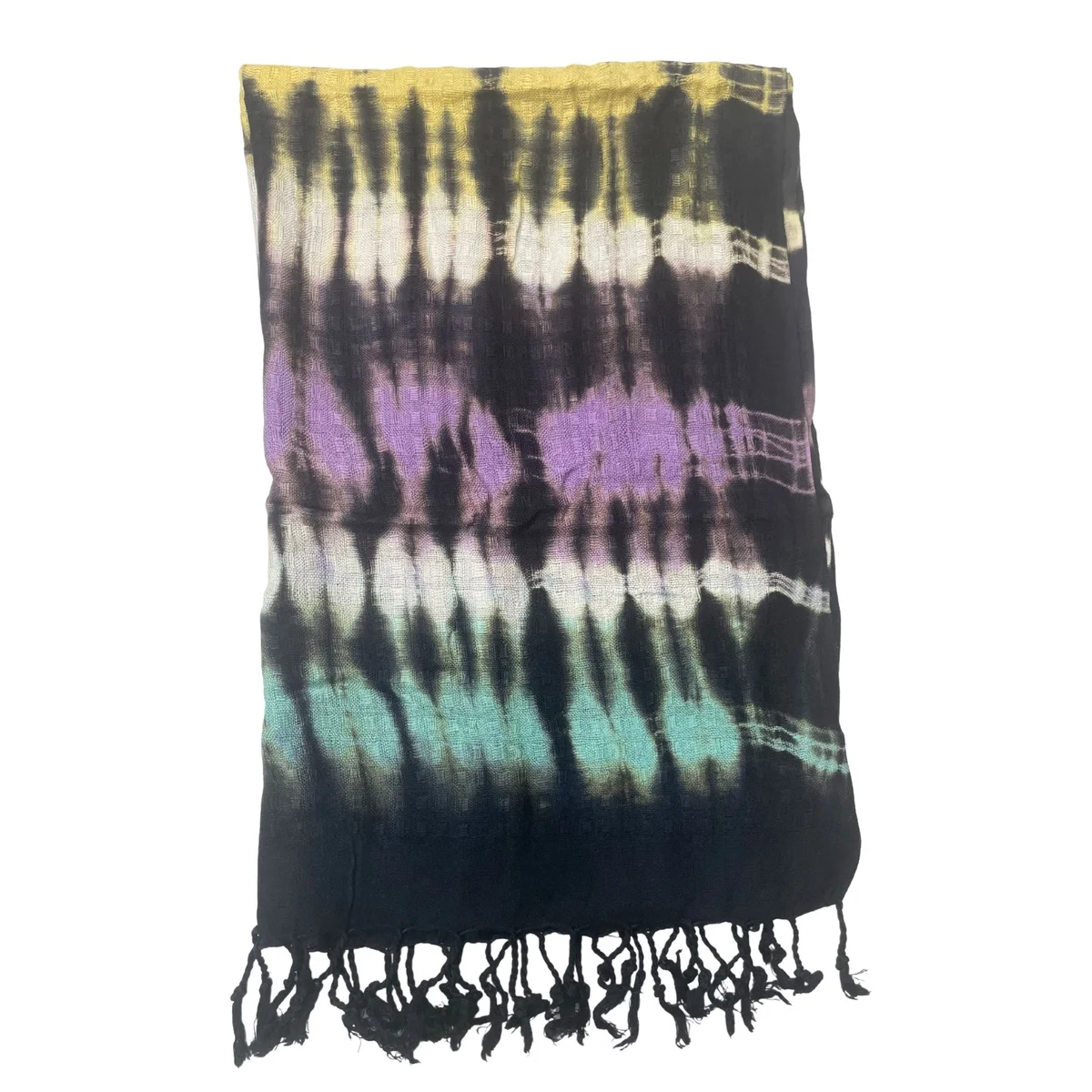 Boho striped scarf with multi-coloured stripes, laid flat showing 62x200cm size and soft fabric texture