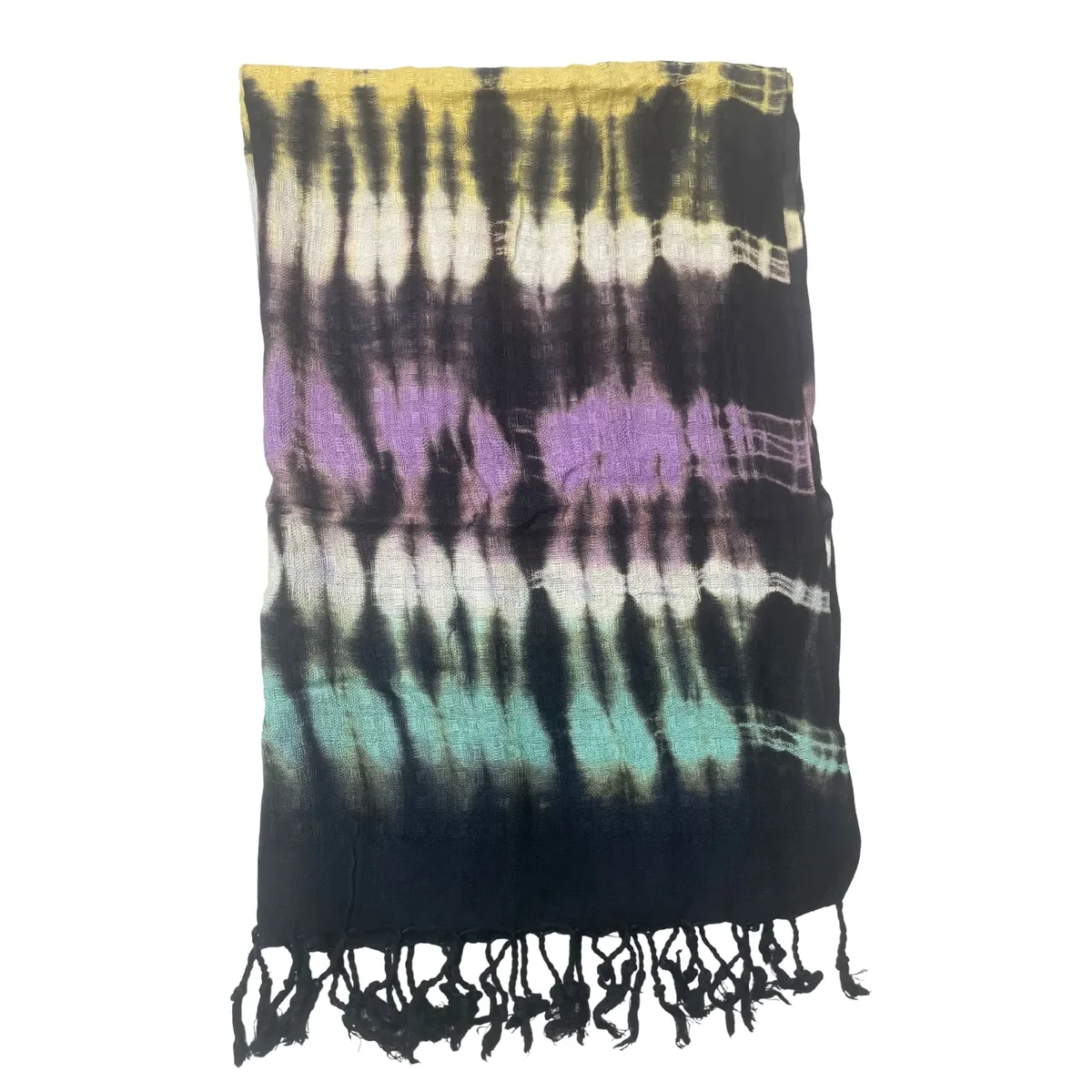 Multi stripe stole in boho Java art style with vibrant colors, measuring 62x200cm, displayed folded on white background