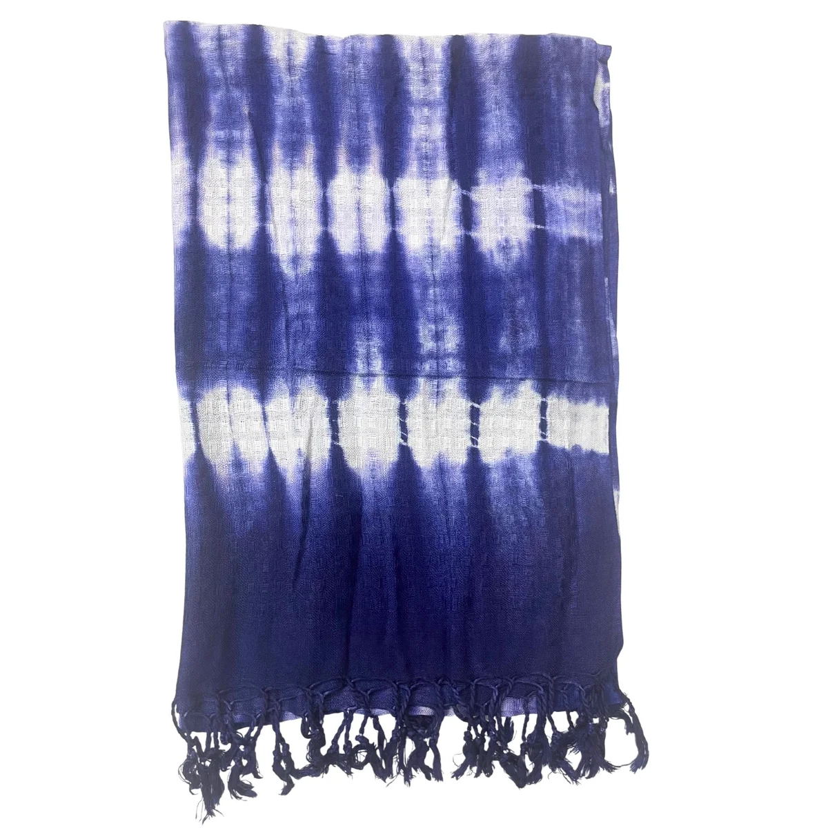 Boho Java Art indigo stripe scarf draped, showing blue and white striped pattern, 62x200cm size