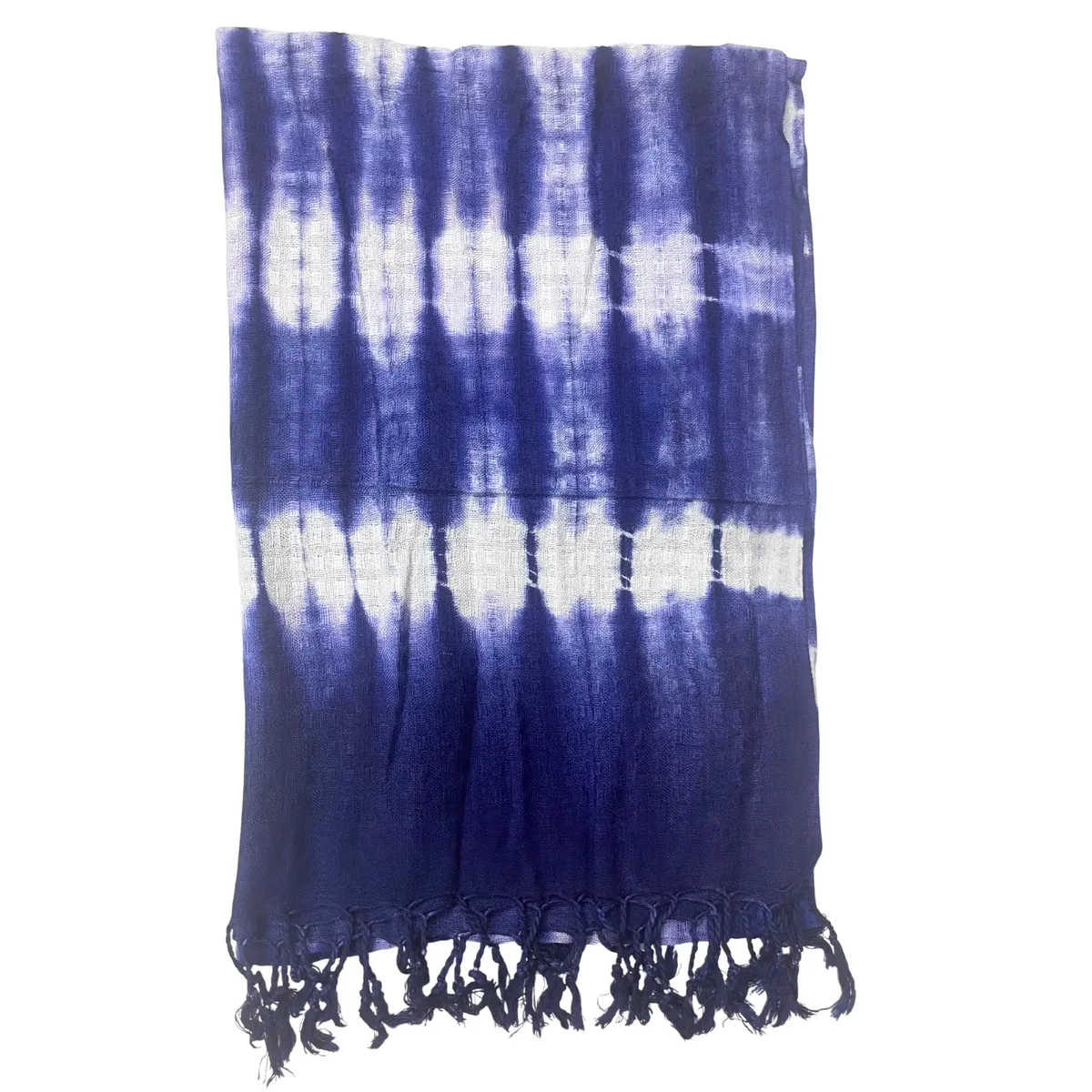 Boho style scarf in indigo with striped pattern, measuring 62x200cm, laid flat showing full design
