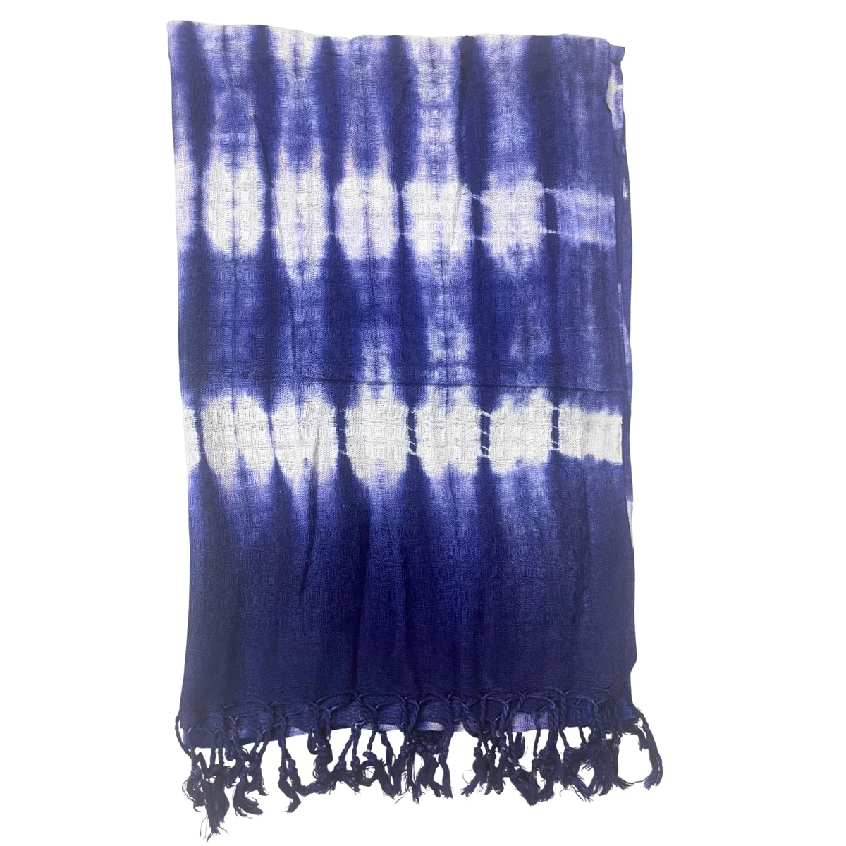 Indigo striped Boho Java Art Stole laid flat showing full 62x200cm length and pattern details