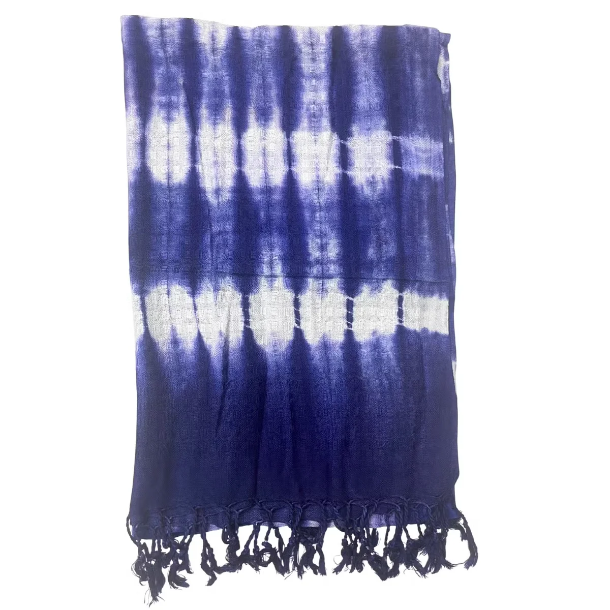 Indigo striped stole with blue and white horizontal stripes, lightweight fabric, displayed folded on a white background