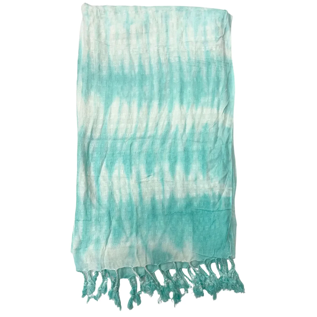 Boho stole scarf with teal stripes and motif, lightweight fabric, measuring 62x200cm, styled flat on white background