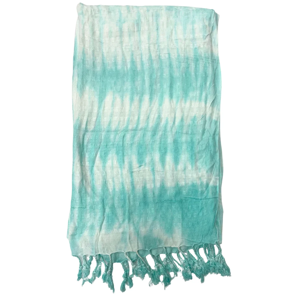 Teal striped scarf with Boho Java art motifs displayed flat showing full 62x200cm size and pattern details