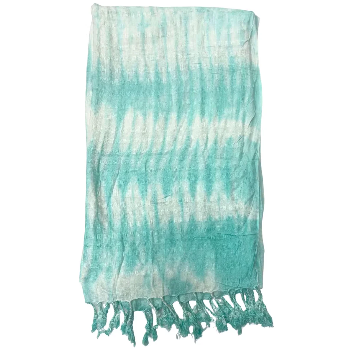 Boho art scarf with teal stripes and motif, laid flat showing full 62x200cm length and fabric texture