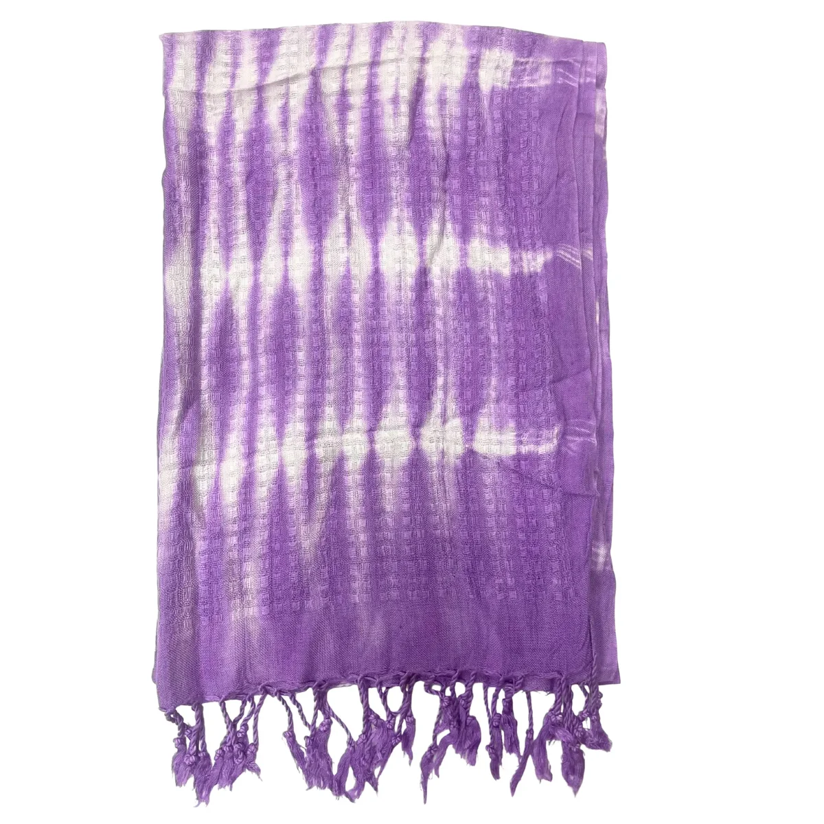 Lavender striped scarf with boho Java art motifs, laid flat showing 62x200cm size and pattern details