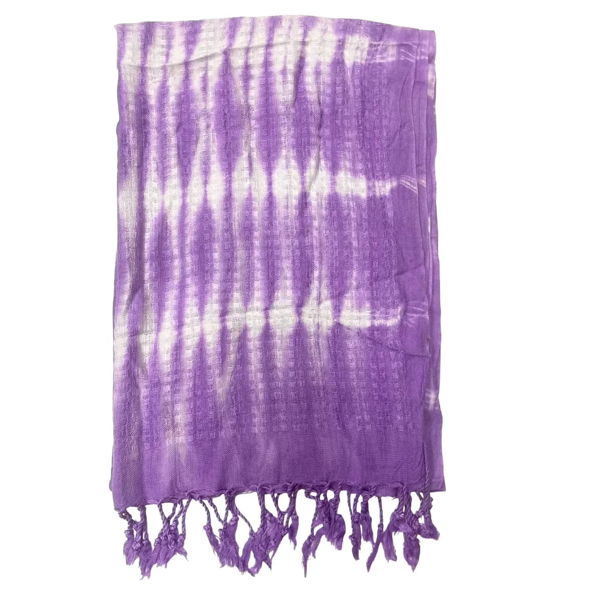 Lightweight fashion scarf with lavender stripes and boho motif, laid flat showing full 62x200cm length