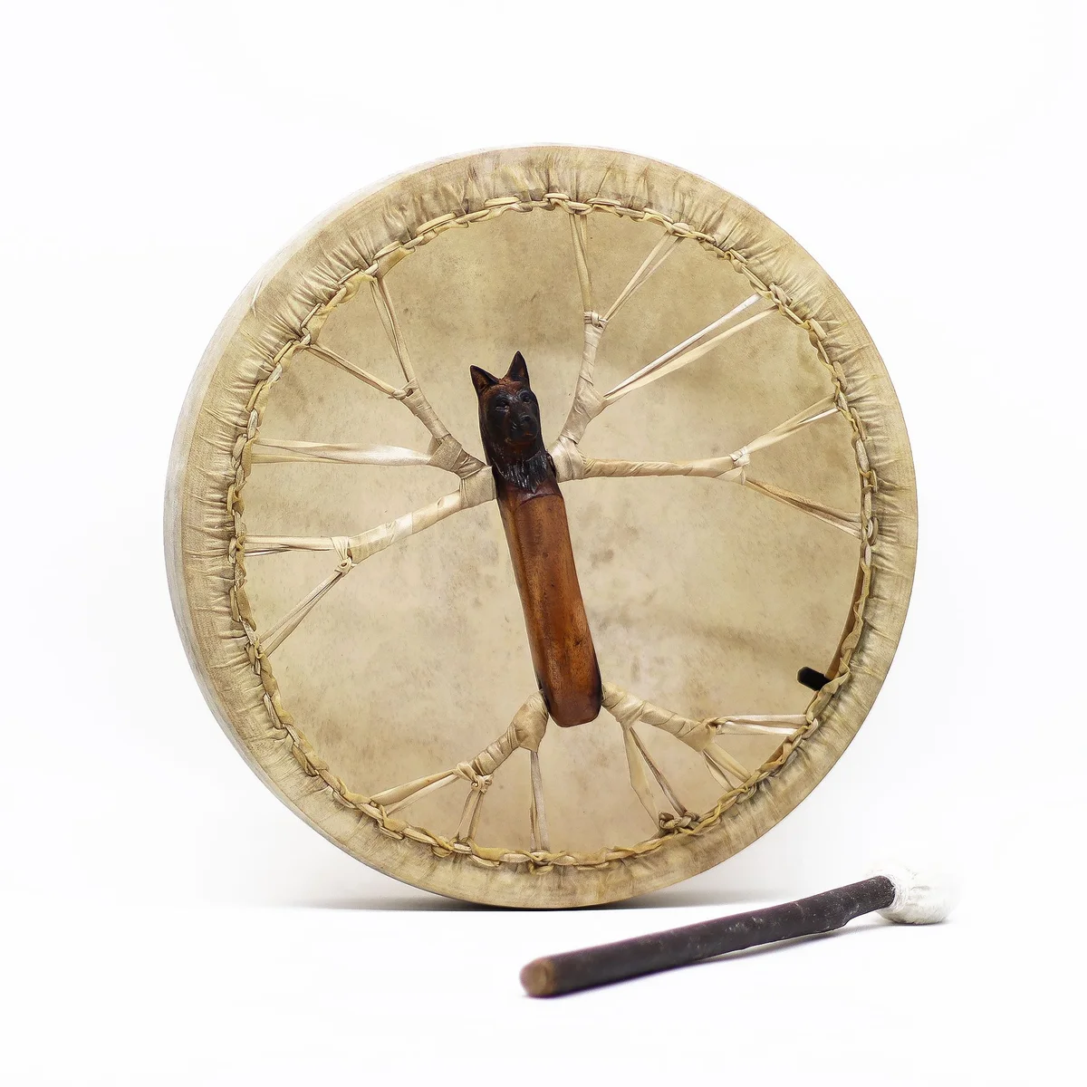 Spirit of the Wolf shaman drum tunable with wooden frame and drumstick, 40cm diameter