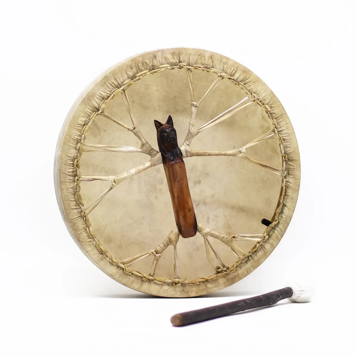 Spirit of the Wolf drum with tunable 40cm Sharman drum and stick on white background