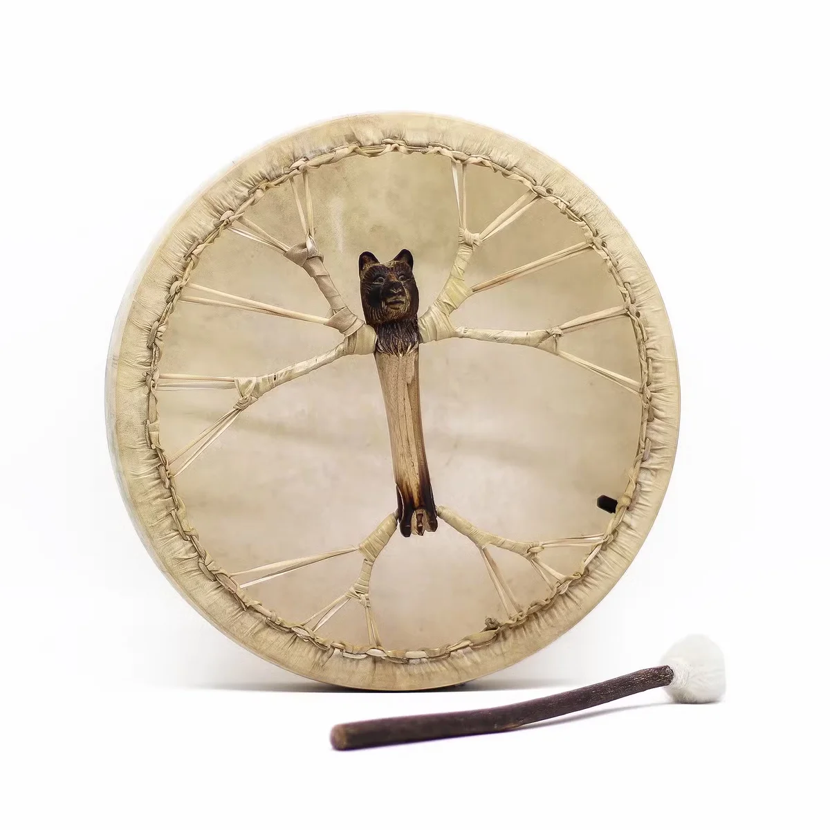 Spirit of the Bear tunable hand drum with wooden frame and drumstick, 40cm diameter, traditional shaman design