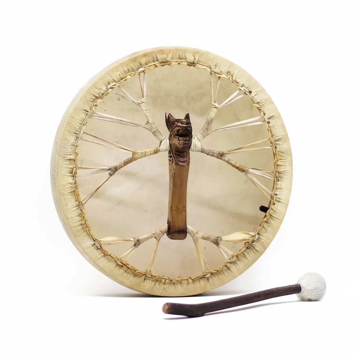 Spirit of the Dragon 40cm shaman drum tunable with wooden drumstick on white background