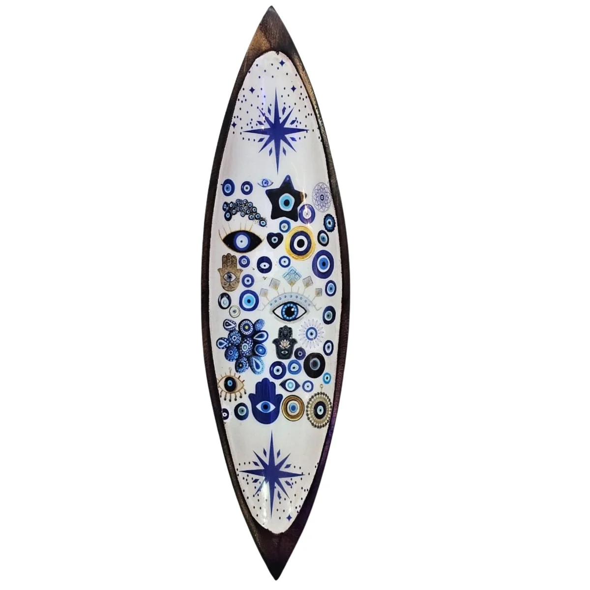 Enamel incense bowl with mango wood base featuring an evil eye design on the enamel surface