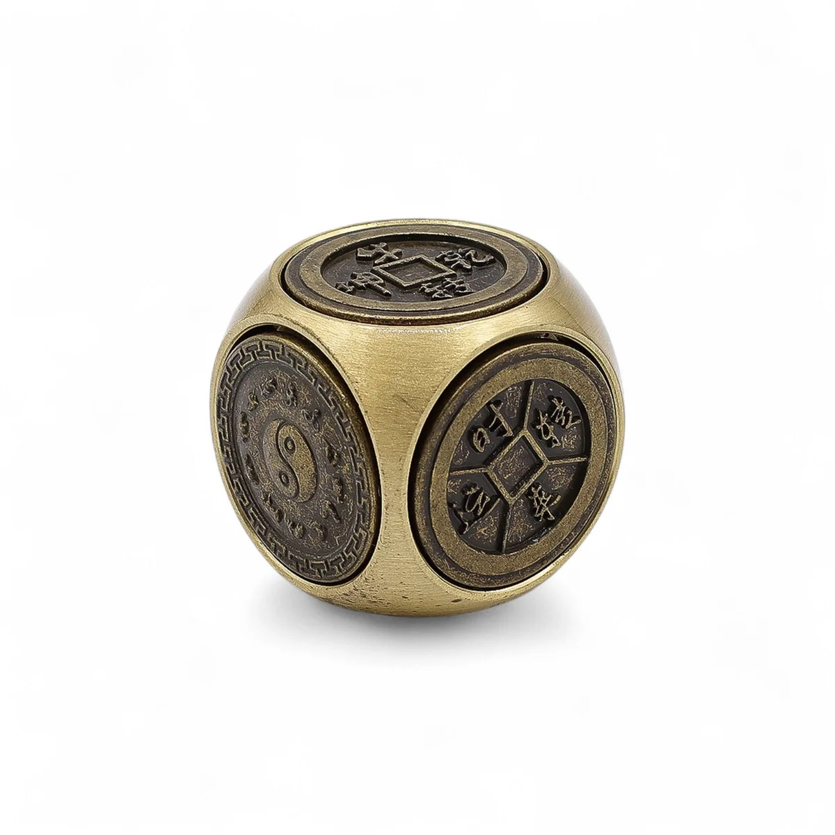 Set of traditional zodiac symbol Feng Shui dice with intricate carvings on each face on a plain background