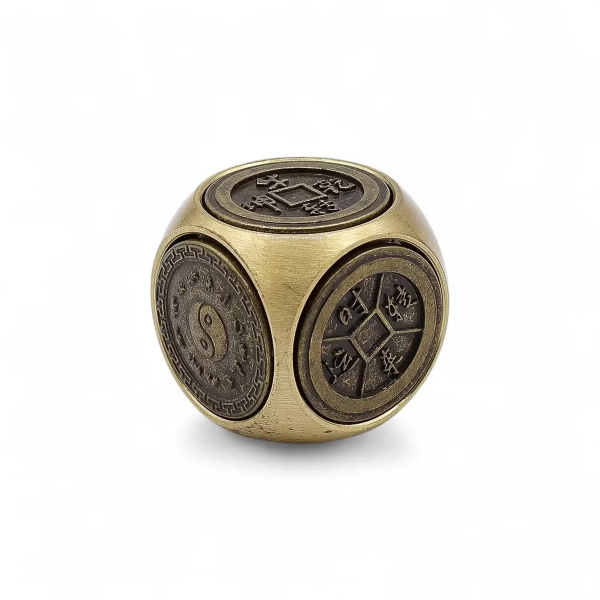 Set of dice featuring traditional zodiac symbols for use as traditional Feng Shui decor on a wooden surface