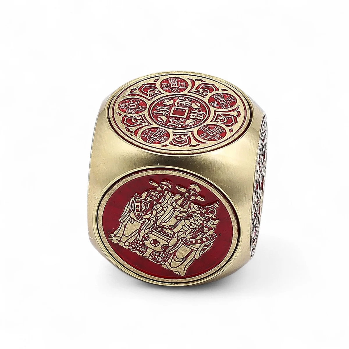 Red and brass flat Feng Shui prosperity cube with intricate design for good fortune and wealth enhancement.