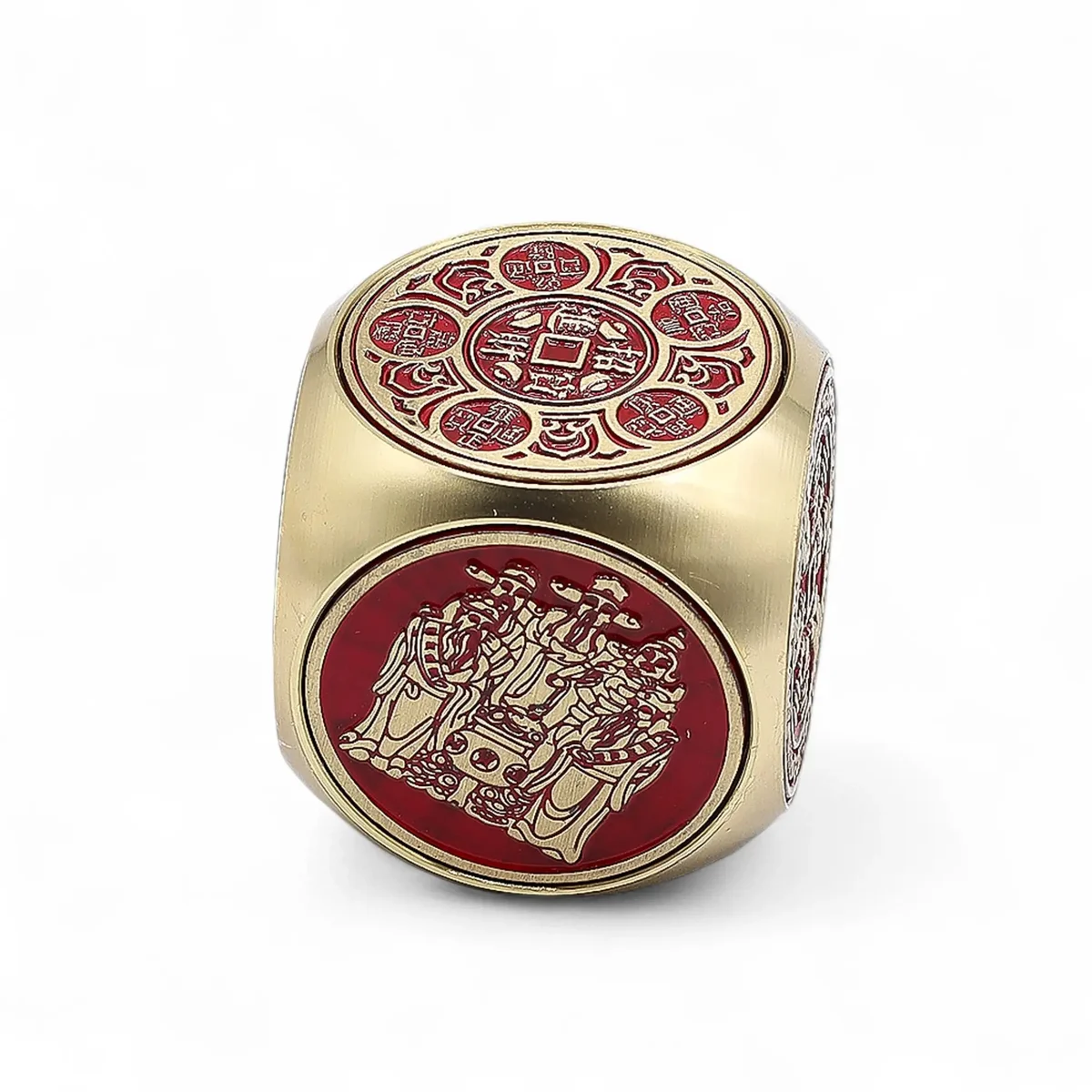 Flat red and brass prosperity cube featuring Feng Shui Fortune design, ideal red and brass decor piece