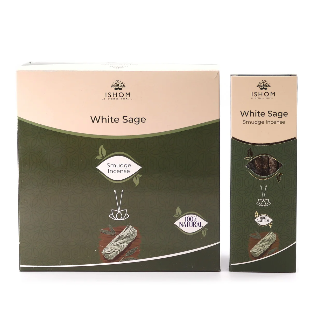 Pack of Ishom Smudge white sage incense sticks with packaging showing the brand name and product details
