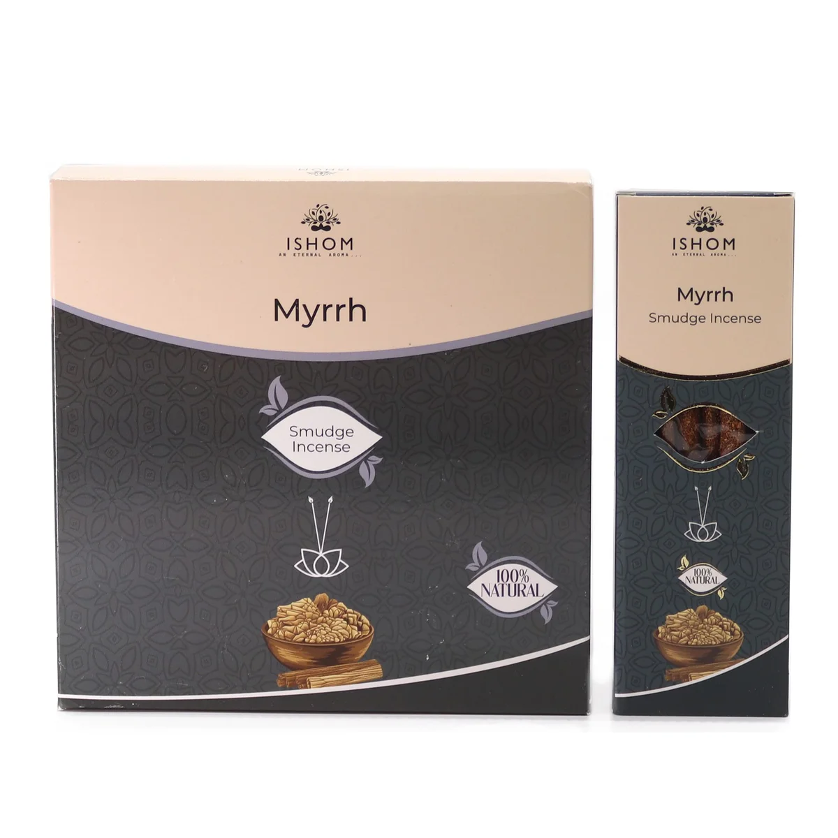 Ishom Myrrh smudge incense sticks in simple packaging with natural earthy tones on a white background