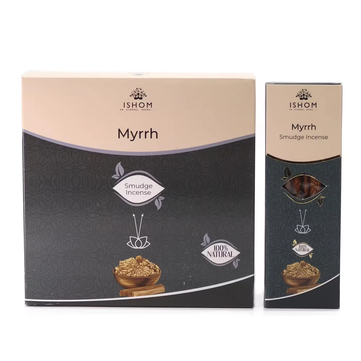 Ishom Smudge Incense Myrrh sticks arranged with smoke, showcasing aromatherapy incense for calming rituals