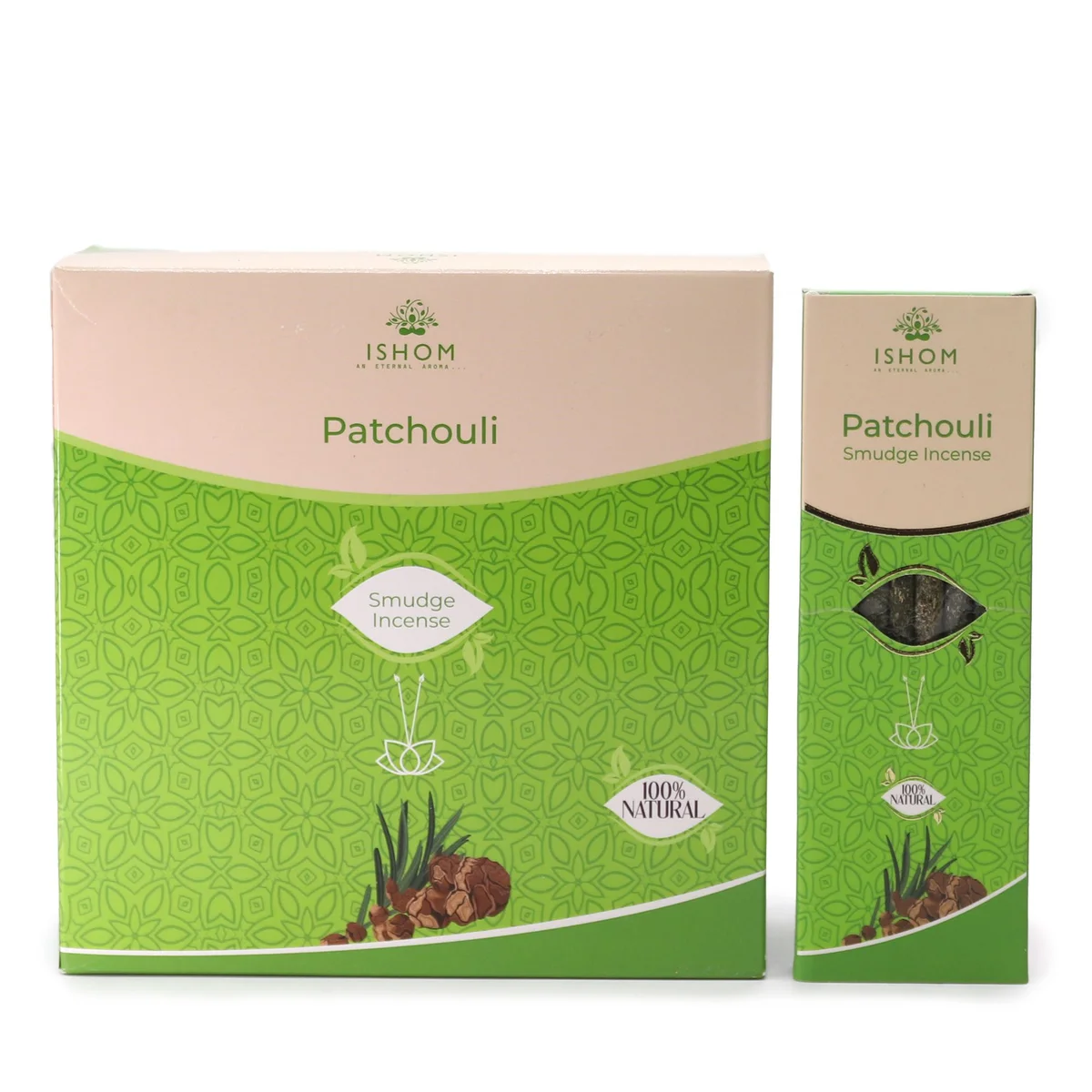 Ishom Patchouli smudge incense sticks in packaging with natural earthy tones and leaf design on a white background