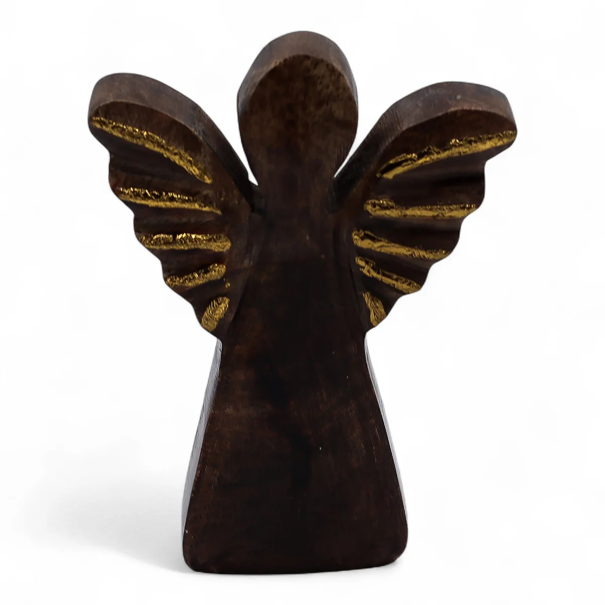 Small mango wood angel ornament with gold trim.