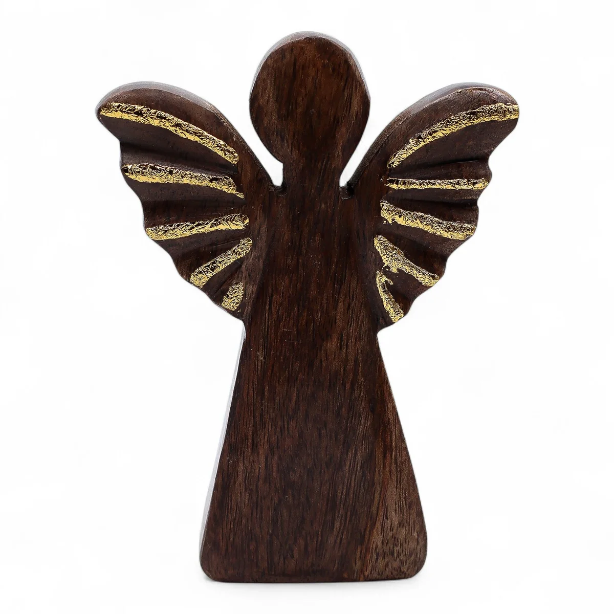 Gold‑decorated medium mango wood angel figurine with carved wings