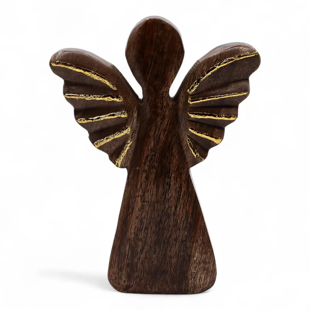 Large mango wood angel figurine highlighted by gold decor angel details, showcasing a sculpted angel in natural wood.