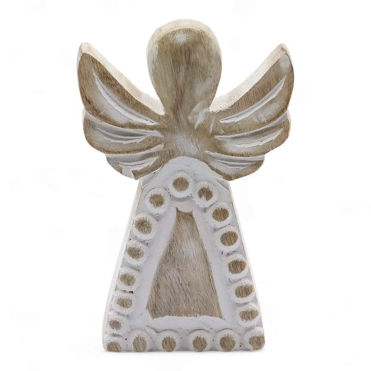 Whitewashed wooden angel figure crafted from mango wood.