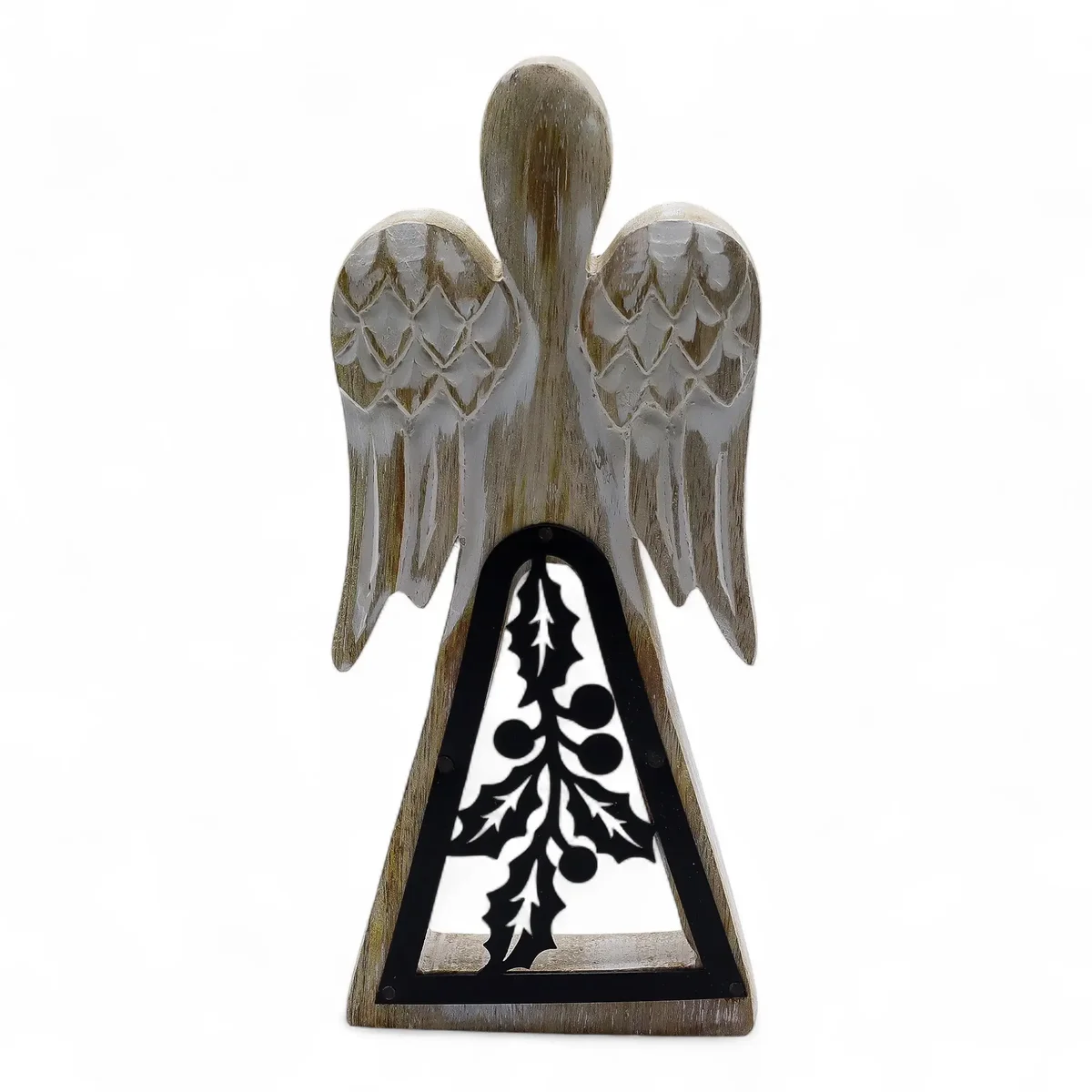 Whitewash wood angel with iron decorative cut‑out, made from mango wood