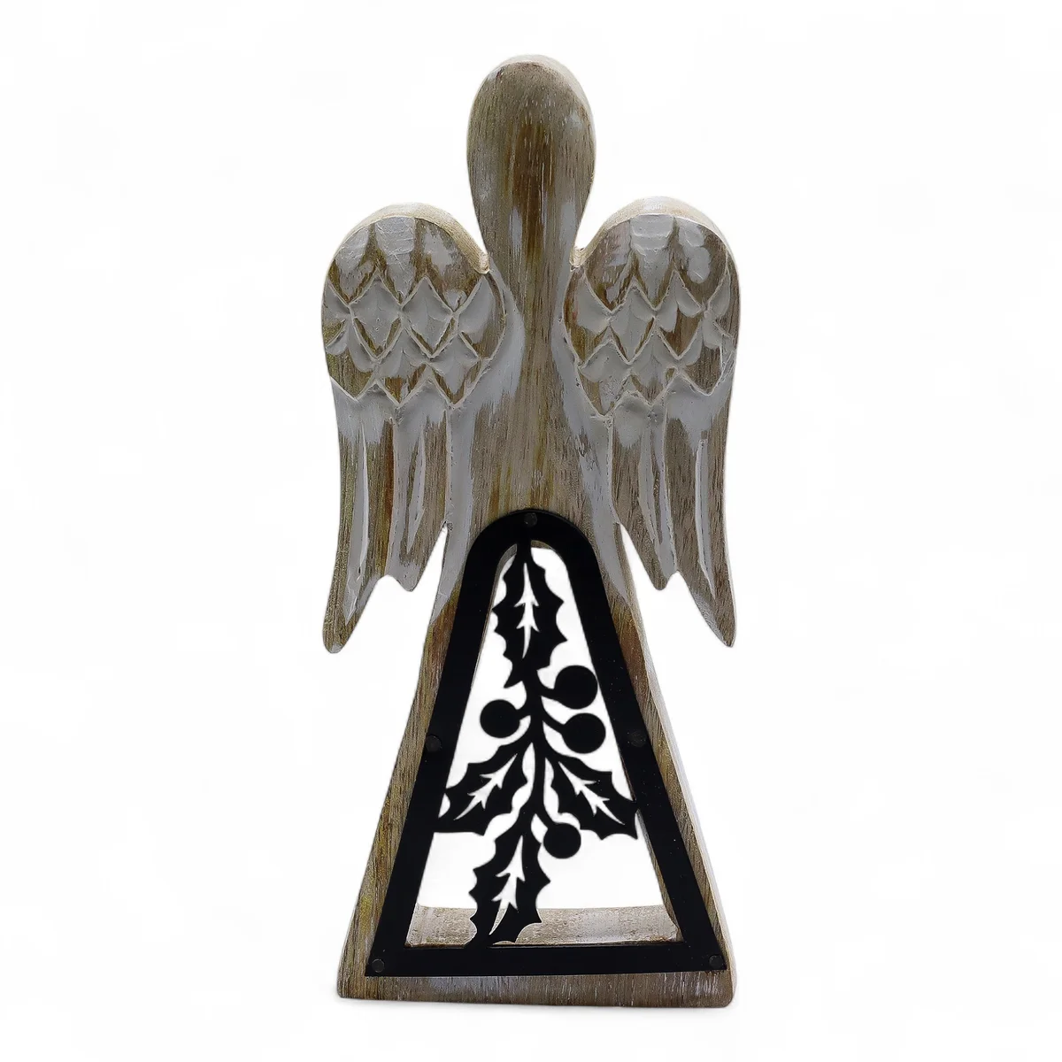 Whitewashed mango wood angel figurine with iron decor cut‑out details, showcasing a graceful iron decor angel.