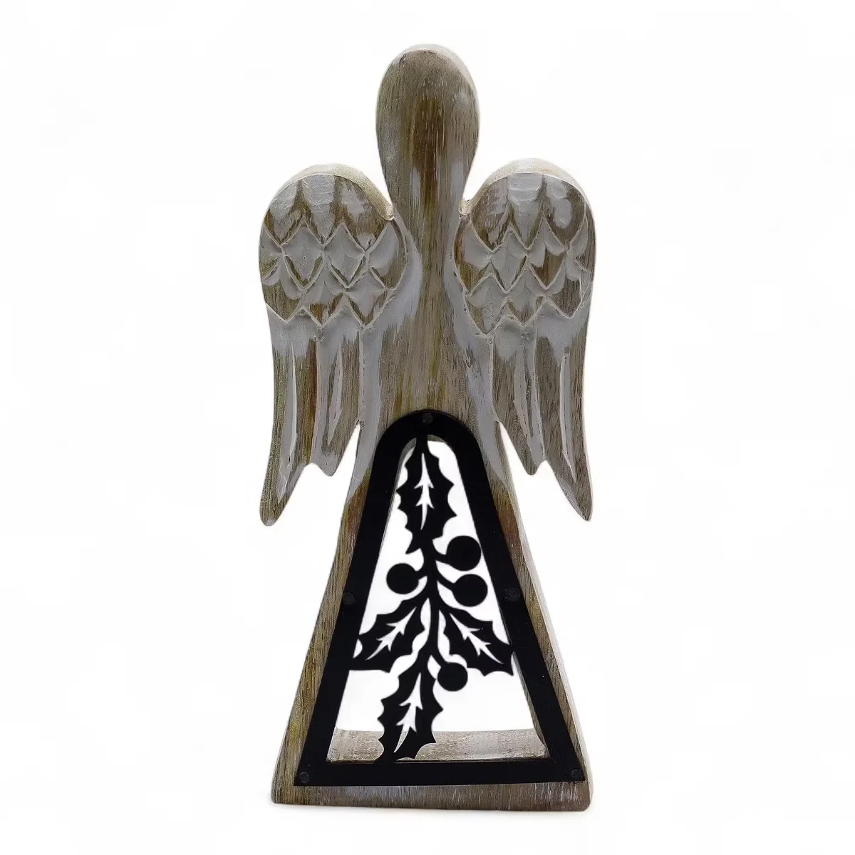 Whitewashed mango wood angel with iron decor cut‑out, a wooden angel ornament