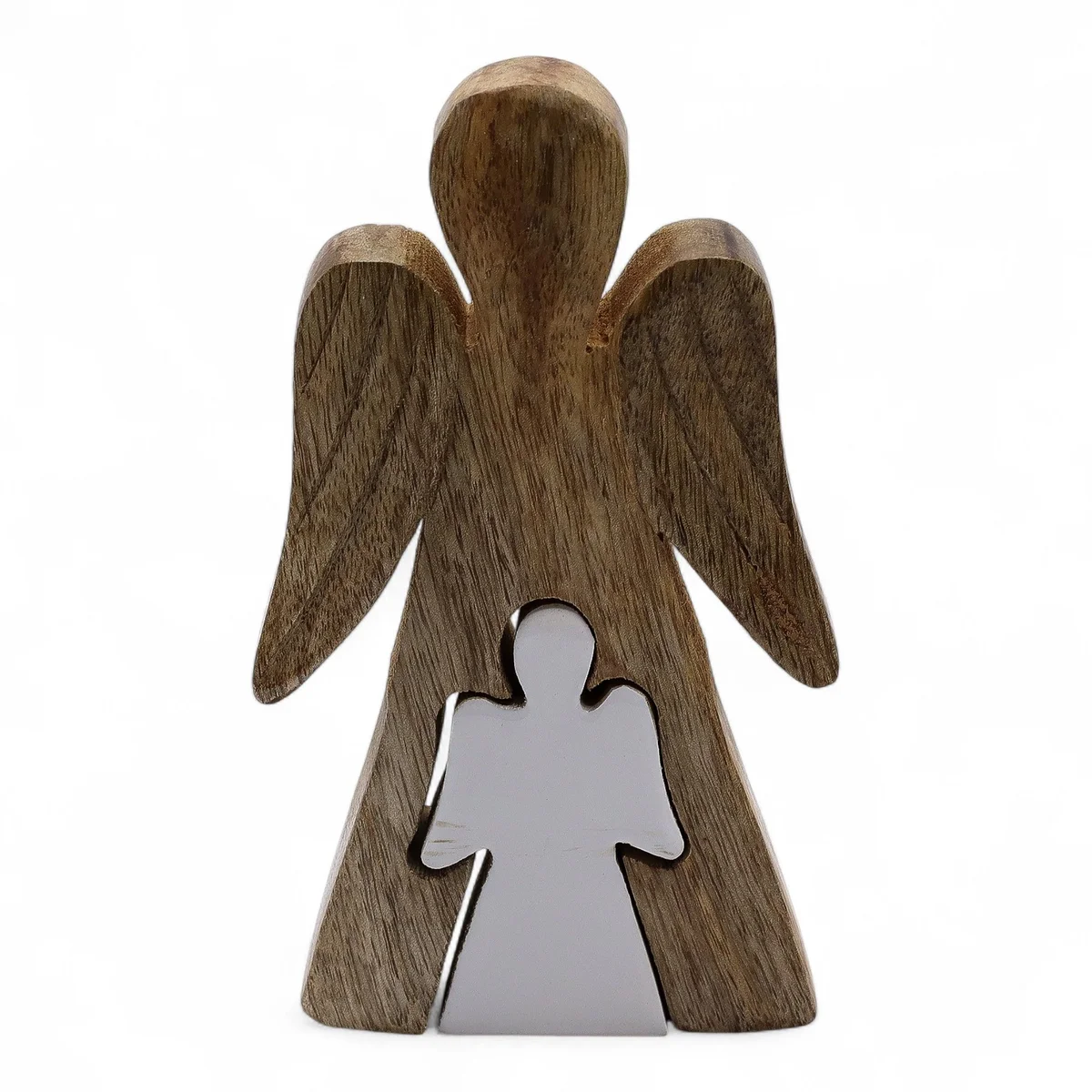 White enamel finished mango wood angel ornament in angel shape