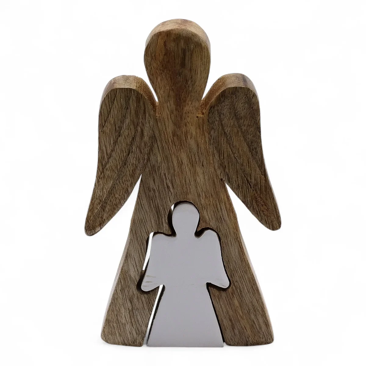 Mango wood angel figurine in white enamel