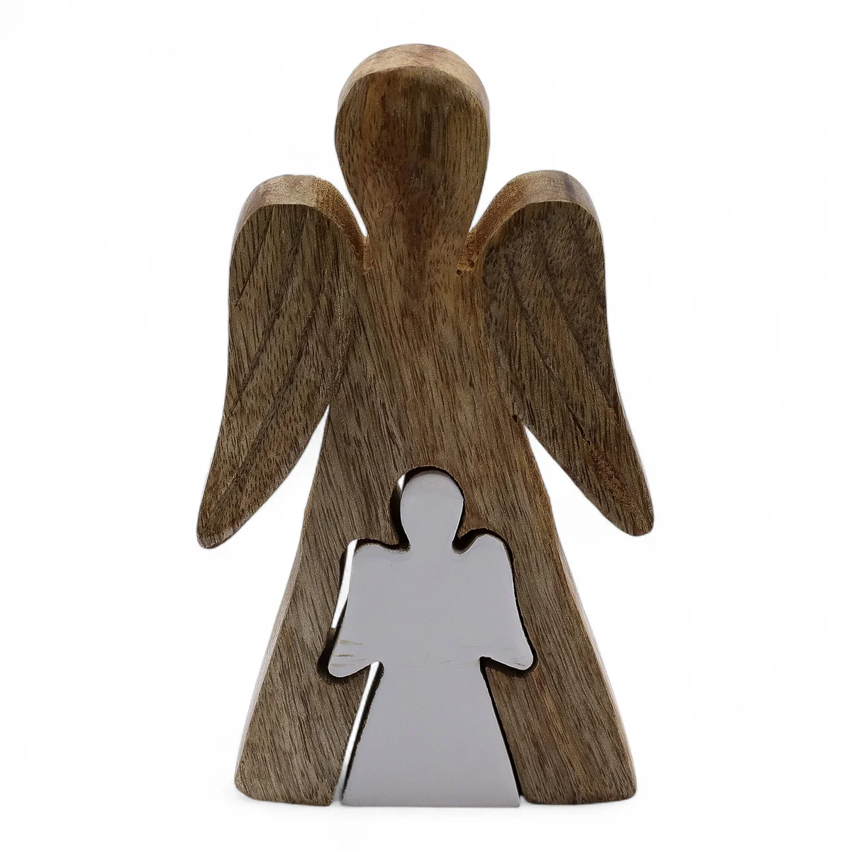 White enamel angel figurine perched on a mango wood base.