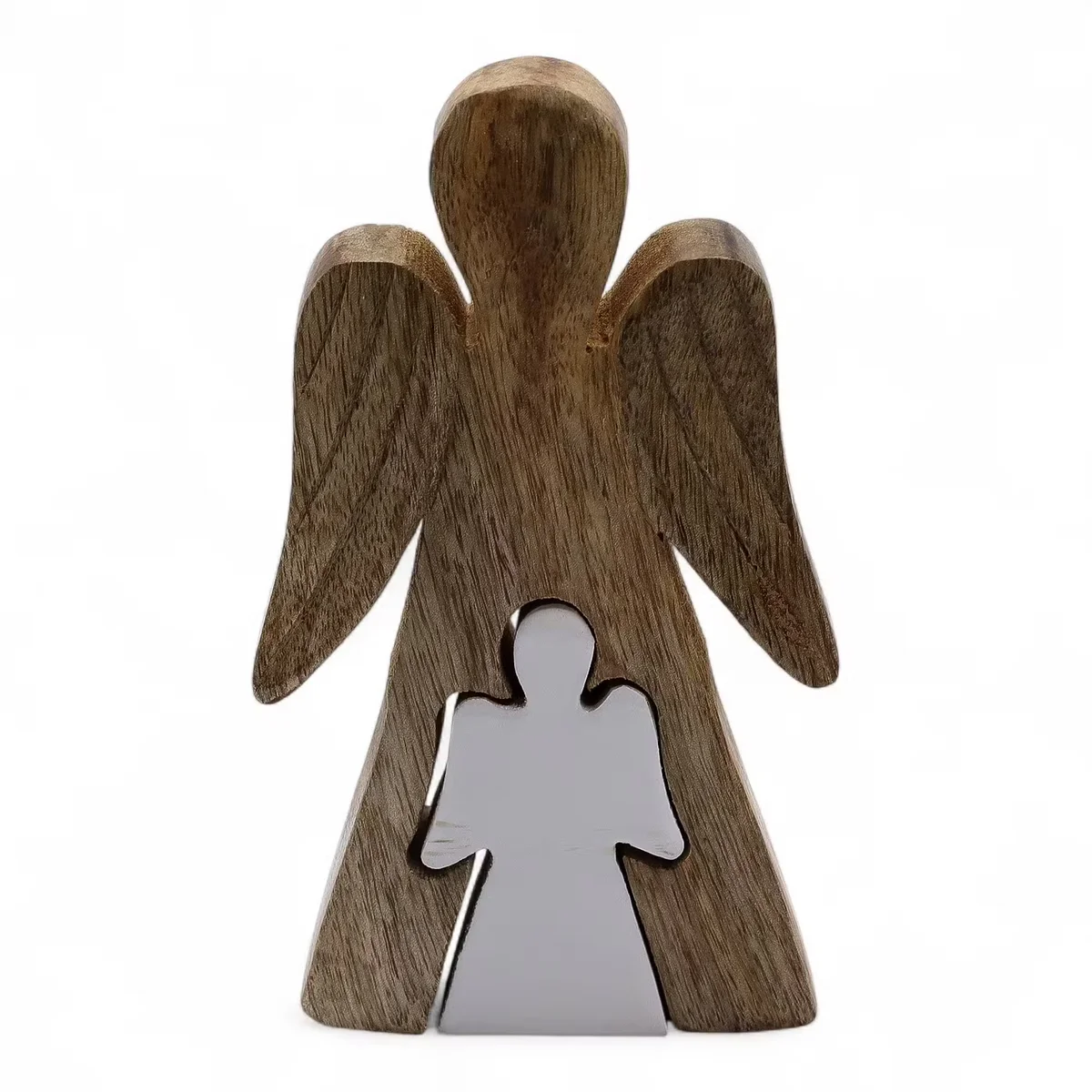 White enamel decorative angel ornament made from mango wood, featuring angel in angel design.