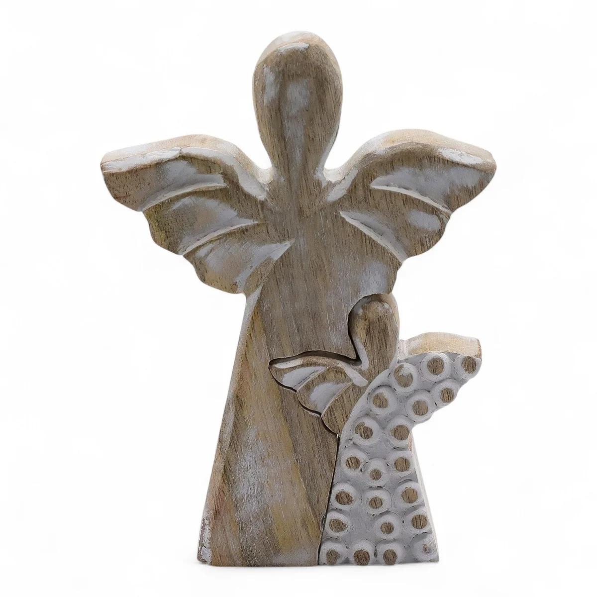 Whitewashed mango wood angel ornament depicting a delicate winged figure