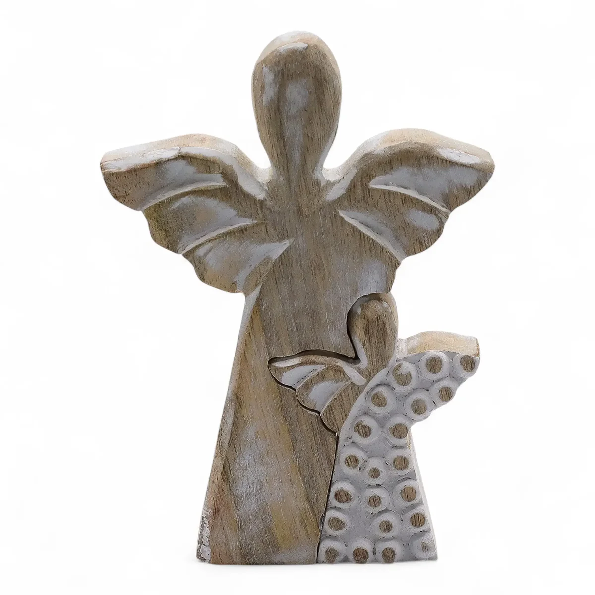 Mango wood angel figurine, whitewashed finish, angel pose with wings and halo