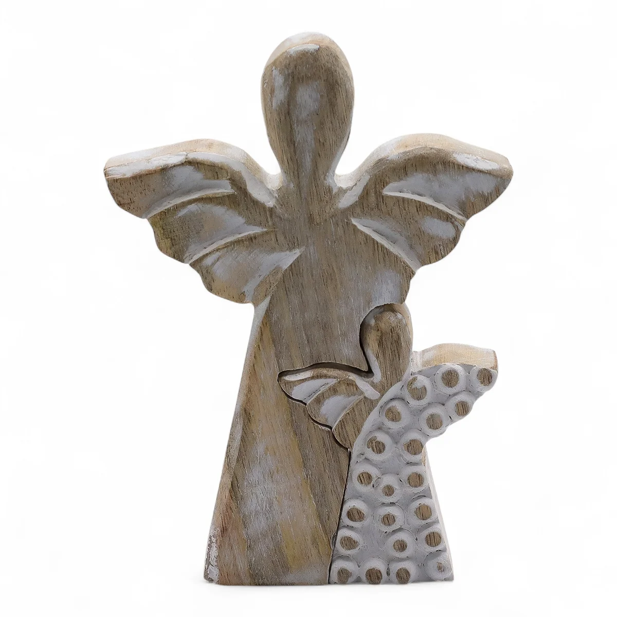 Mango wood whitewash angel decoration, delicate angel sculpture on display