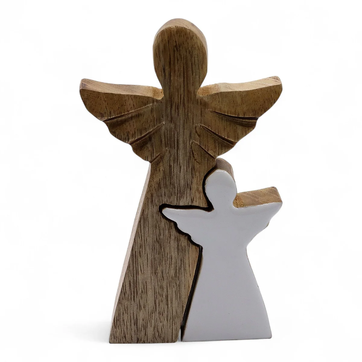 Mango wood angel ornament with white enamel finish, featuring a delicate angel figure in bright white.