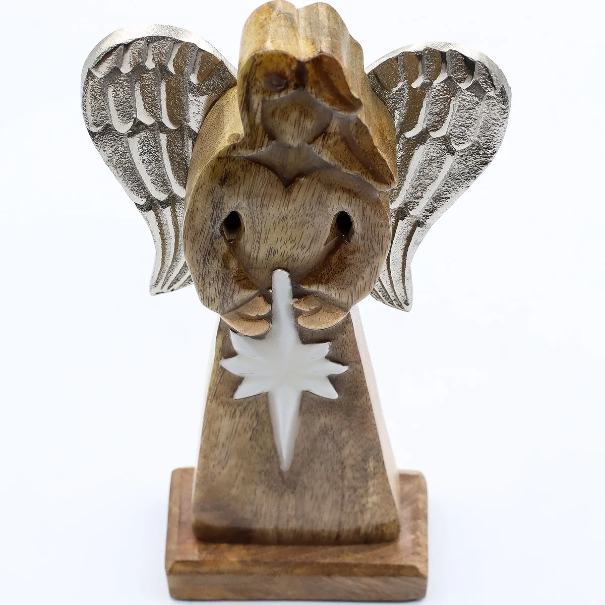 Large mango wood angel featuring metal wings and enamel detail, displayed on a wooden base.